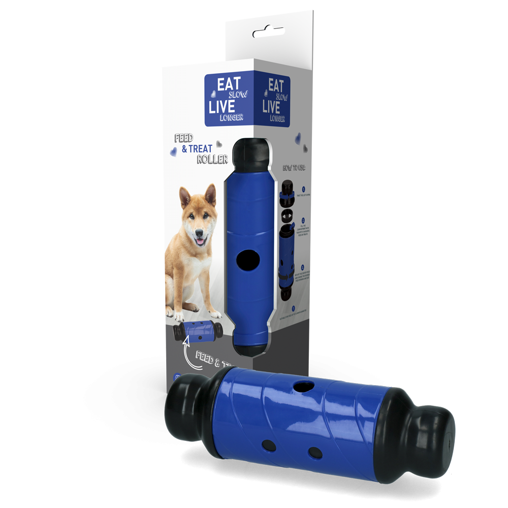 Mangeoire et distributeur de friandises roulant bleu L Eat Slow Live Longer